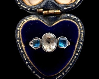 Antique Georgian Three Stone Sapphire Paste Gold and Silver Ring
