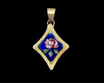 Vintage 18CT Gold Handmade Painted Rose Flower Enamel Glass Pendant
