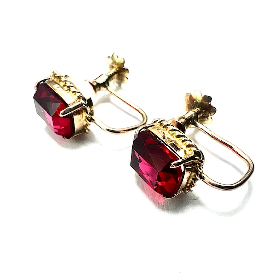 Antique 9CT Gold Ruby Red Paste Screwback Earrings - image 3