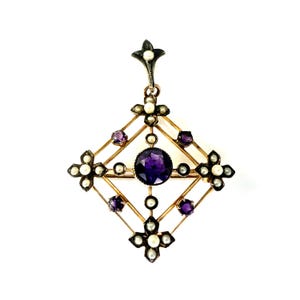 Antique Edwardian 9CT Gold Amethyst Pearl Lavalier Pendant