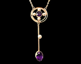 Antieke edwardiaanse 15 kt gouden amethist parel lavalier hanger ketting