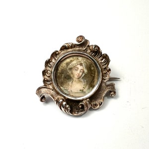 Antique Georgian 1827 Silver Miniature Portrait Brooch • Rococo Style Frame