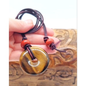 Tigers Eye Necklace Large Stone Pendant Leather Cord Natural Gemstone