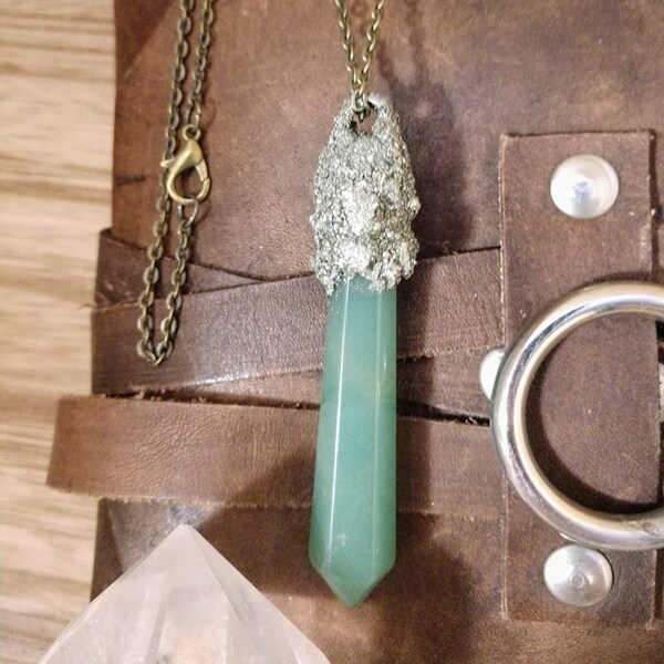Pyrite Encrusted Green Aventurine Crystal Pendulum Necklace, Green Aventurine Crystal Pendant, Green Aventurine Jewelry, Aventurine Pendulum