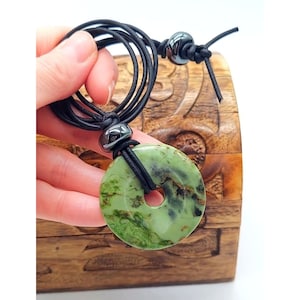 Serpentine Necklace Large Green Stone Pendant Leather Cord Natural Gemstone