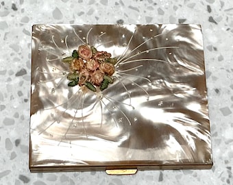 Vintage Mother-of-Pearl Compact with Embroidered Flowers, 1950s-1960s