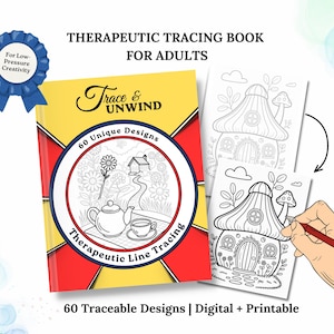 Puede incluir: Un libro de calco terapéutico para adultos titulado Trace & Unwind con 60 diseños únicos. La portada es amarilla y roja con un gráfico circular que muestra una tetera, una taza y una casa. Incluye dos páginas de muestra con arte lineal.