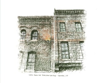 May include: A black and white pencil drawing of two brick buildings with windows. The drawing is titled "Views from the Highland Bridge - Denver, CO".