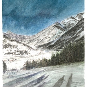 May include: A watercolor painting of a snowy mountain landscape with a blue sky. The mountains are covered in snow and trees, and there are shadows cast on the snow in the foreground.