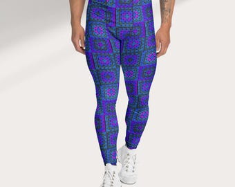 Men's Crochet Print Leggings, Purple Granny Square, Athleisure Tights, Festival Fashion for Men
