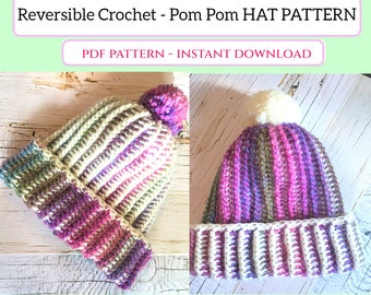 Reversible Crochet Pom Pom Hat Pattern - Learn Tunisian Crochet Brioche - Instant PDF Crochet Pattern Download