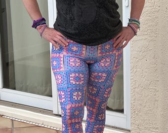 Boho Leggings Granny Square Print Lavender Peach |  Yoga Pants Crochet Print | Faux Crochet Pants