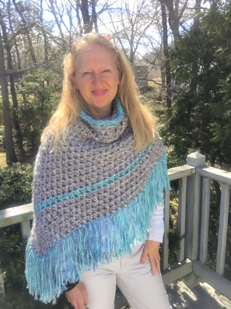 Crochet Pattern  Fringed Seaside Poncho with Cowl Neck image 1