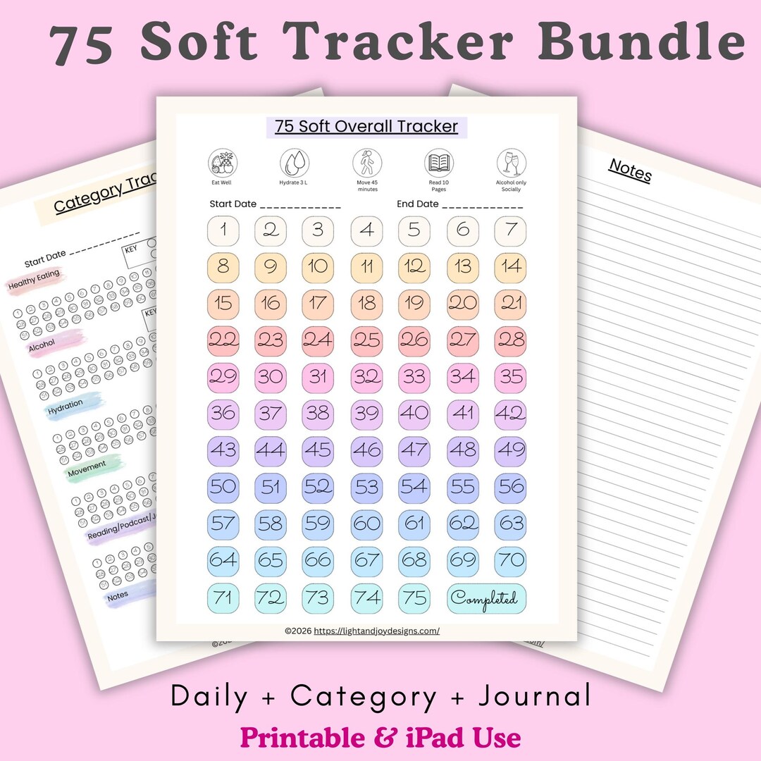 75 Soft Challenge Tracker Printable, 75 Soft Planner Bundle, Habit ...