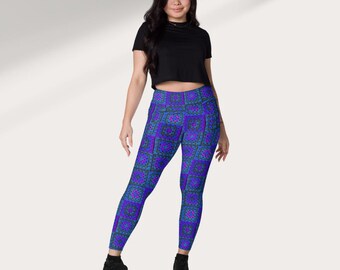 Deep Purple Crochet Granny Square Print Leggings with Pockets