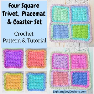 Gehaakte onderzetter Placemat & Coaster patroon huisdier - FourSquare onderzetter - pannenlap Hotpad - Instant PDF download haakpatroon