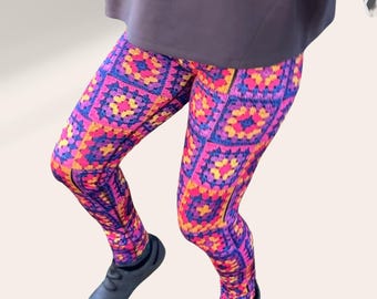 Festival Fashion Workout Pants | Yoga Leggings | Faux Crochet Granny Square Print