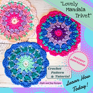 Crochet Mandala Trivet Pattern - Crochet Hot Pad Pattern - Crochet Pot Holder Pattern - &quot;Lovely Mandala Trivet&quot; - PDF Download