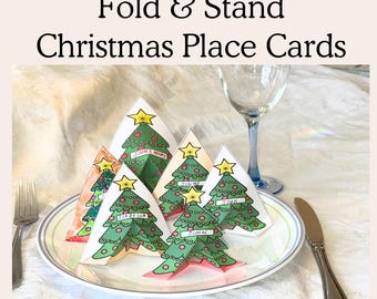 Christmas Tree Place Cards Printable, Fold and Stand, Coloring Table Decor (Digital Download)
