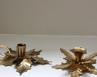 Vintage Solid Brass Holly Leaf Candlestick Holders, Set of 2 Brass Taper Candlesticks