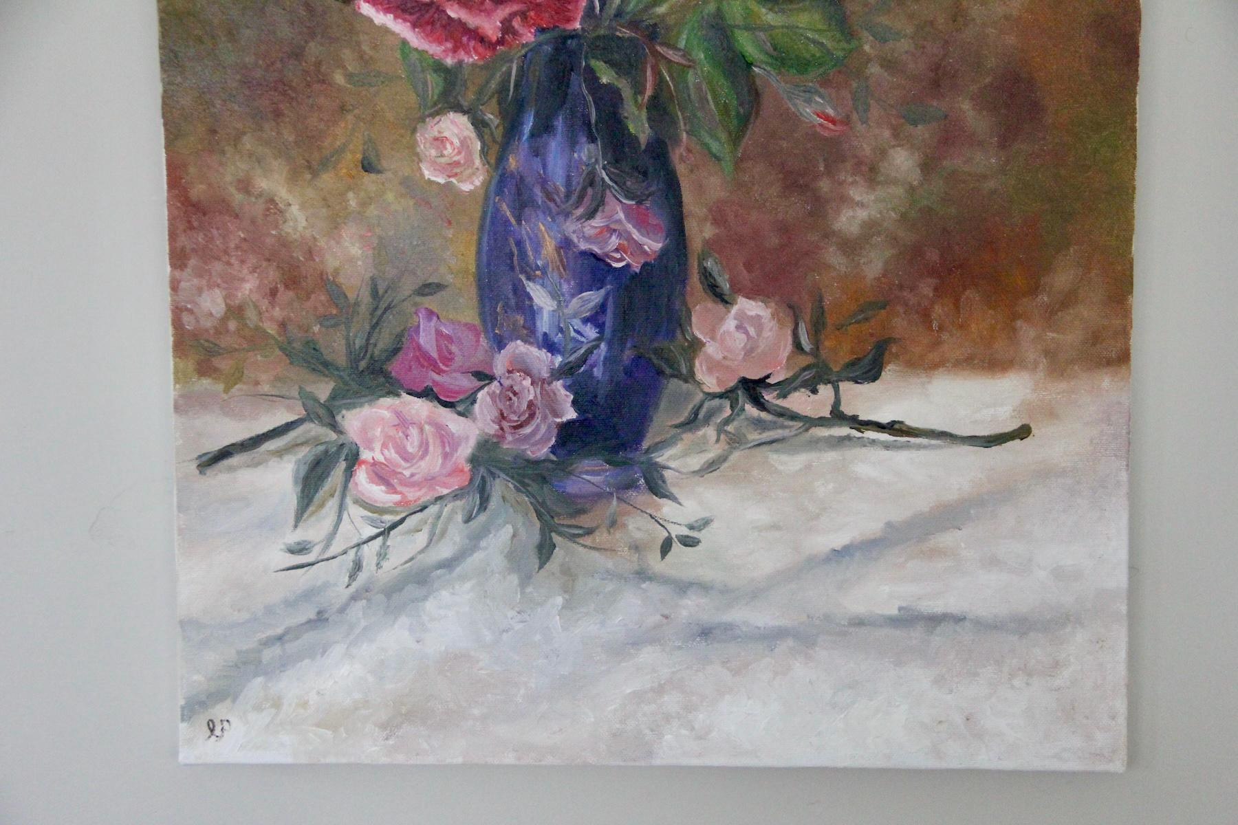 Vintage Floral Oil Painting Still Life Roses in Blue Vase - Etsy