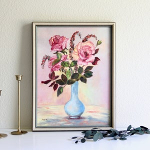 Vintage framed floral still life painting, Roses still life painting, Pink roses painting, Vintage floral painting, Vintage floral art print