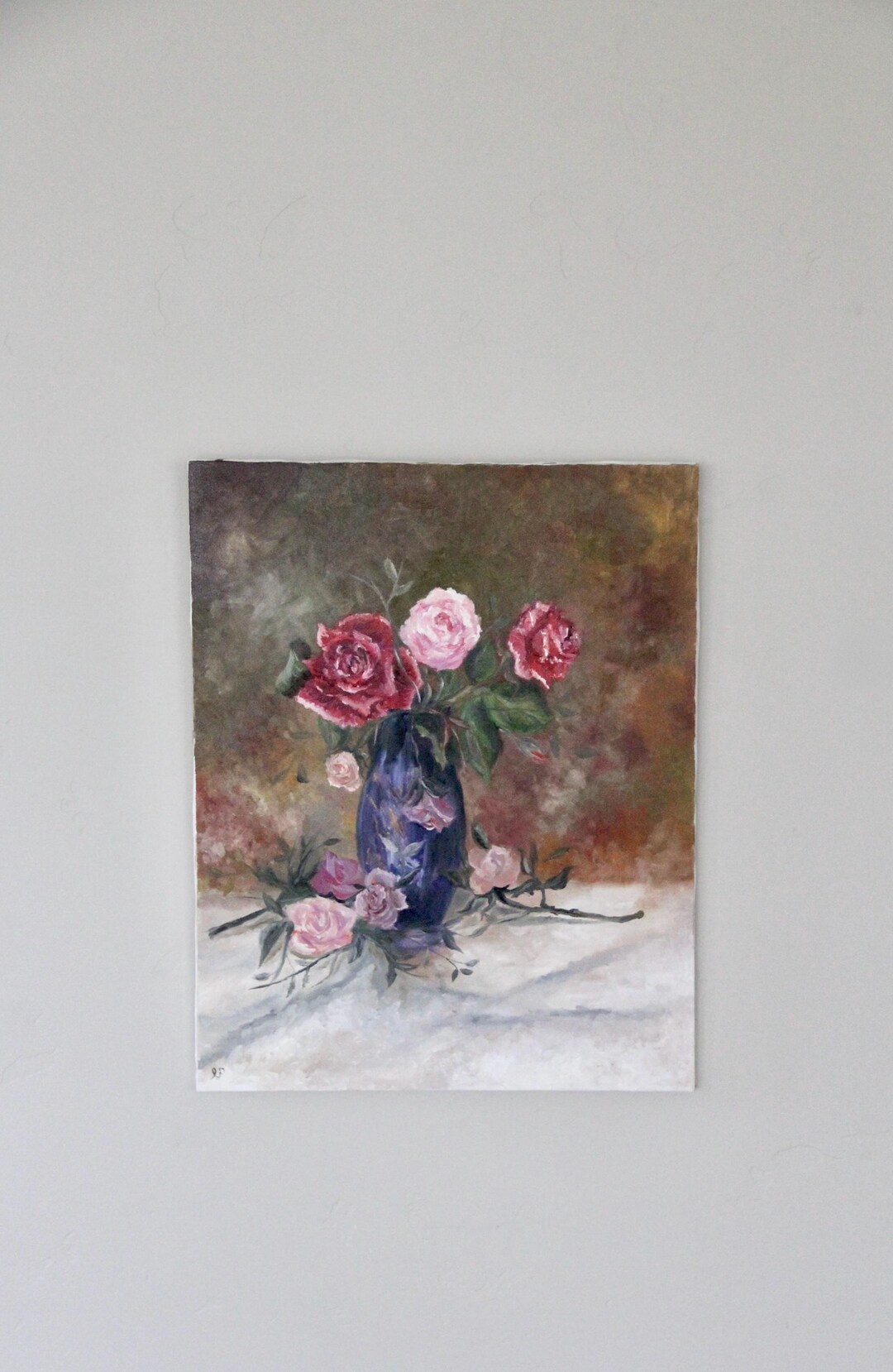 Vintage Floral Oil Painting Still Life Roses in Blue Vase - Etsy