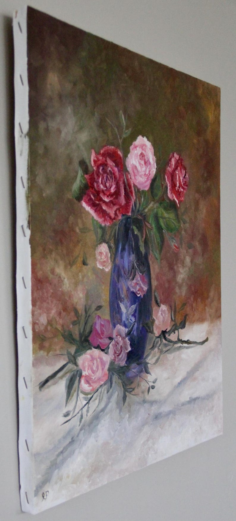 Vintage Floral Oil Painting Still Life Roses in Blue Vase - Etsy
