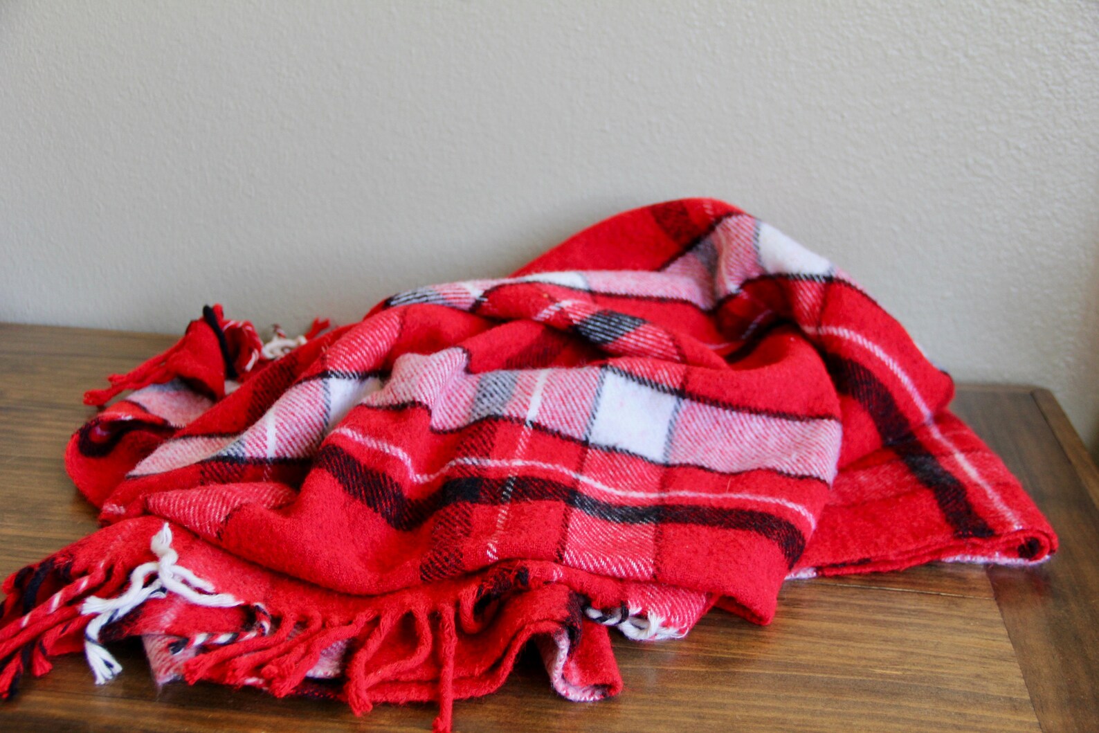 Vintage Red Black & White Wool Fringe Blanket Tartan Plaid Etsy