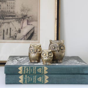 Vintage brass owl set, MCM brass owl figurines, Miniature brass owls, Brass owl bookends, Owl decor, Bookshelf staging, Owl lover gifts