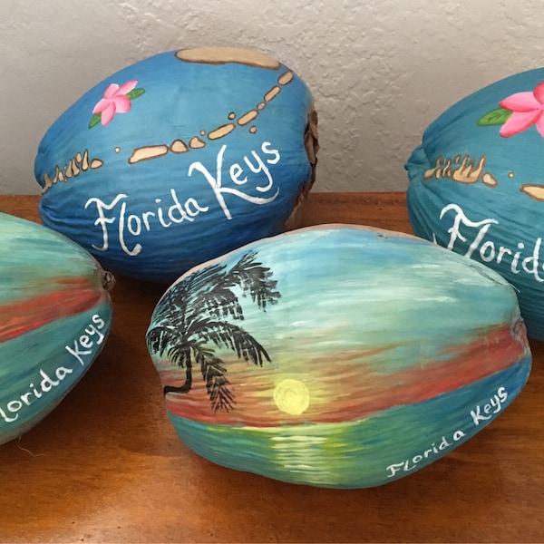 Hand painted Florida Keys Coconut-Original Artwork by MJ-unique gift-colorful beach island decor-vacation momento