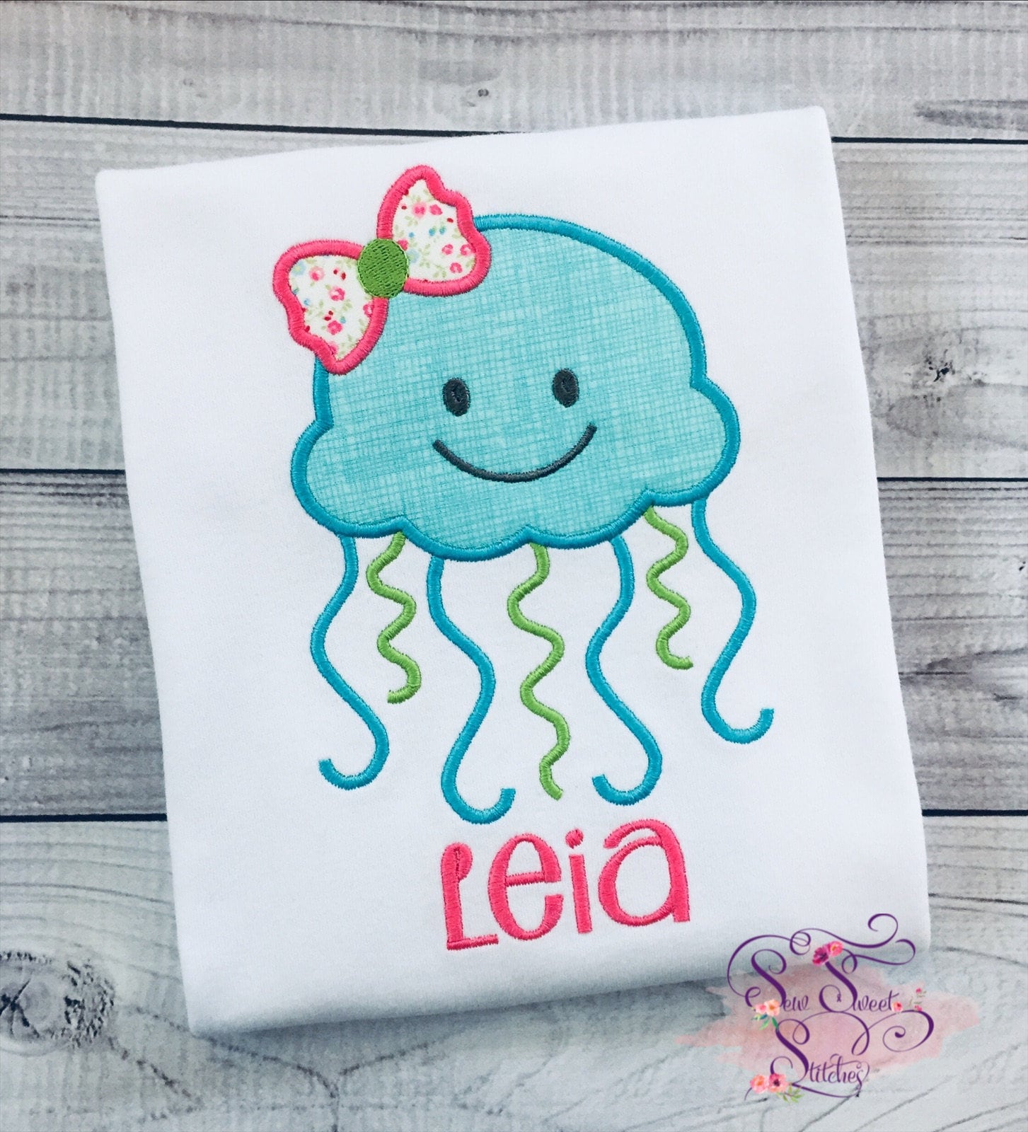 Toddler Personalized Girly Jelly Fish with Bow Applique Shirt Summer Girl Bodysuit Child Baby Beach Embroidered Shirt