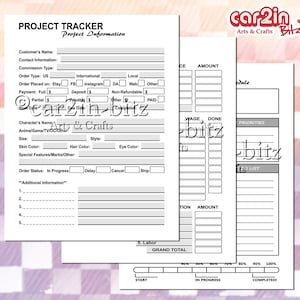 May include: A black and white printable project tracker form with sections for customer information, order details, character information, and additional notes. The form also includes a progress bar and a to-do list.