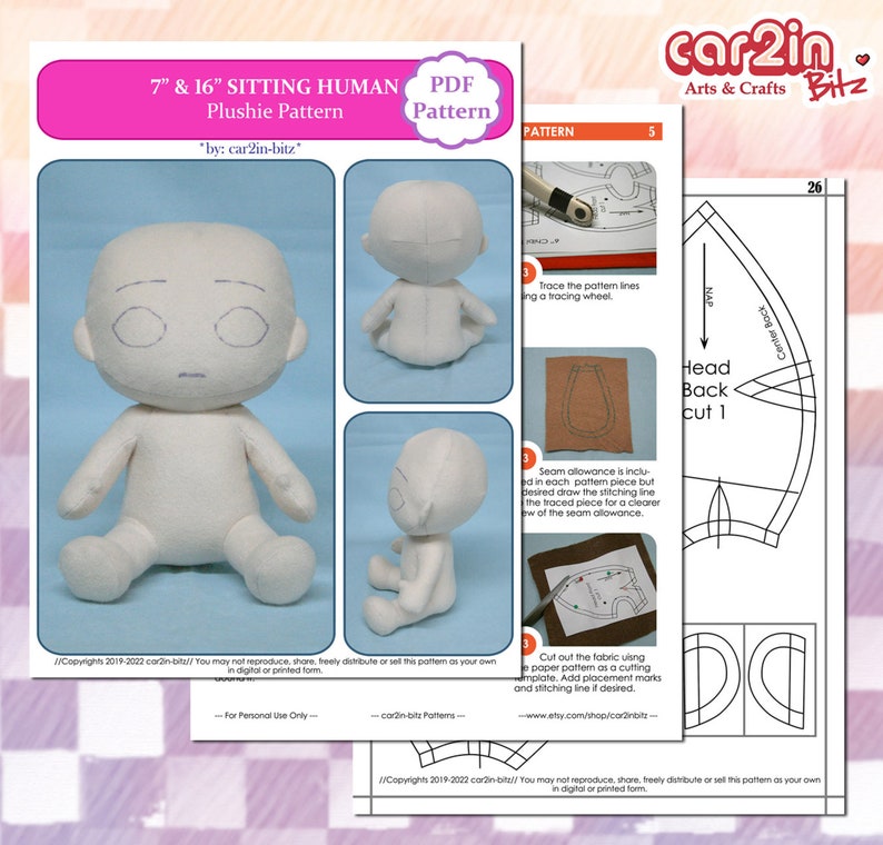 UPDATED DIGITAL 7 and 16 inch Sitting Chibi Plushie Sewing Pattern 