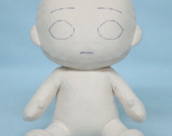May include: A white plush toy with a simple face, including eyes, eyebrows, and a mouth. The toy is sitting on a light blue background.
