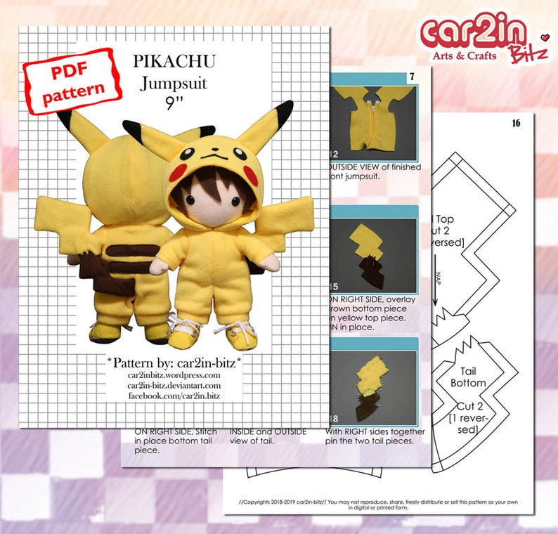 May include: A printable PDF pattern for a Pikachu jumpsuit for a 9-inch doll. The pattern includes instructions for sewing the jumpsuit, as well as a diagram of the finished product.