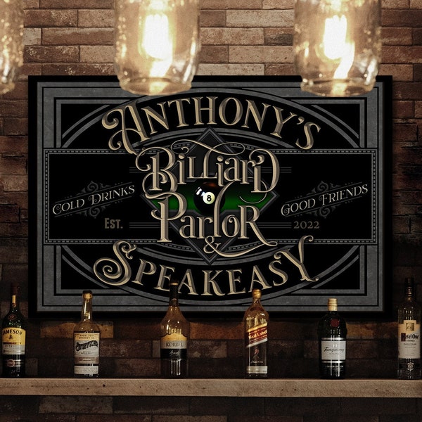Personalized Billiards Sign | Last Name Pool Hall | Basement Bar Speakeasy Lounge | Rustic Modern Farmhouse Wall Decor | Billiard Parlor