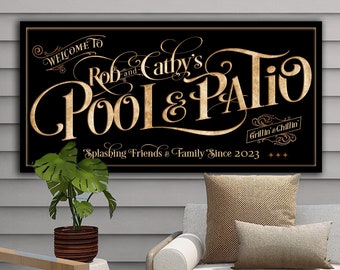Personalized Pool & Patio on Metal or Canvas! | Custom Family Name Sign | Modern Farmhouse Sign | Summer Patio Decor | Custom Pool Sign