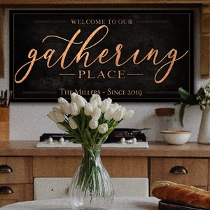 The Gathering Place Sign | Last Name Est Date | Dark Vintage Personalized Name Sign | Rustic Large Metal or Canvas | Vintage Home Wall Decor