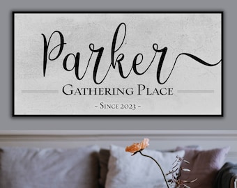 The Gathering Place Sign | Last Name Est Date | Modern Farmhouse Personalized Name Sign on Large Metal or Canvas | Vintage Home Wall Decor