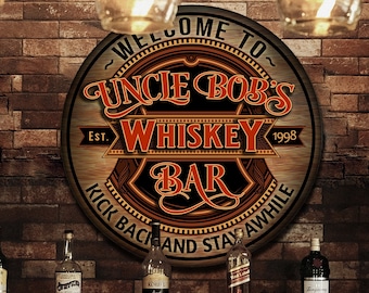 Personalized Whiskey Bar Sign: Round Metal Man Cave Decor