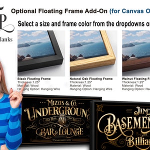 May include: Three floating frame options for canvas prints: black, natural oak, and walnut. Each frame is 1.25 inches thick and made of wood. The hanging option is a hanging wire.