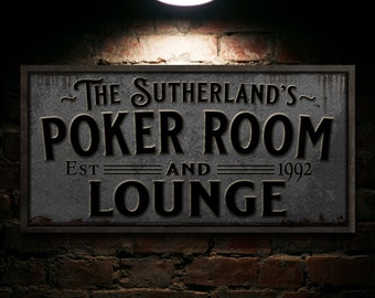 Pewter-Style Poker Room and Lounge Sign | Personalized Poker Lounge Sign | Family Poker Room Sign | Family Name Sign | Home Bar Sign