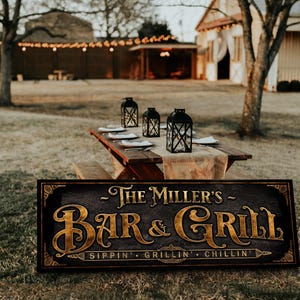 Bar & Grill Sign with Family Name |  Personalized Patio Bar Sign | Customized Family Patio Sign | Personalized Patio Bar and Lounge Sign