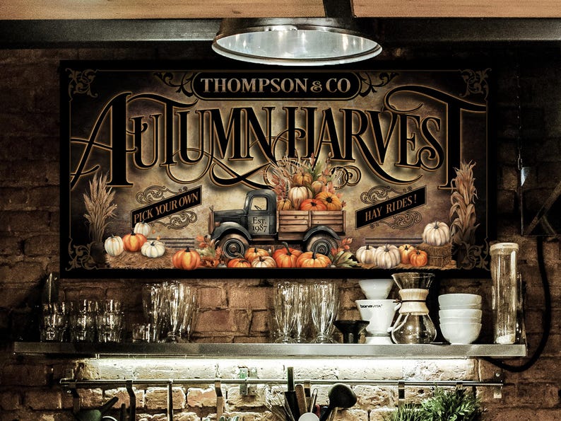 Personalized Autumn Harvest Sign: Vintage Pumpkin Truck, Rustic Fall Decor image 2