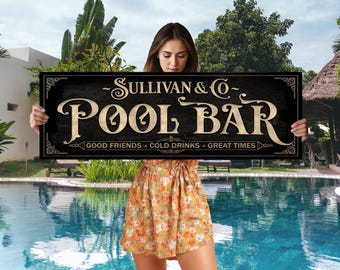 Personalized Pool Bar Sign: Vintage Earthtone Metal or Canvas