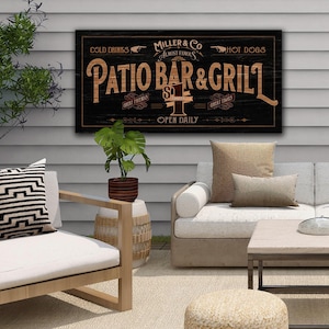 Patio Bar & Grill Sign | Patio Sign | Distressed Wood Grain Patio Bar | Family Name Patio Bar Sign | Personalized Name Sign for the Patio