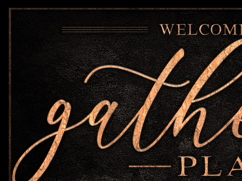 The Gathering Place Sign Last Name Est Date Dark Vintage Personalized Name Sign Rustic Large Metal or Canvas Vintage Home Wall Decor image 3