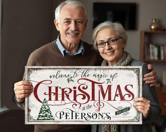 Personalized Farmhouse Christmas Sign: Rustic Family Name Canvas or Metal