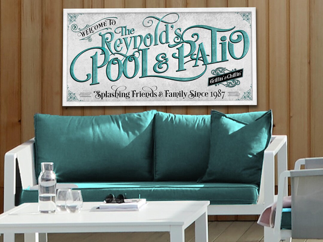 Personalized Pool & Patio Sign: Custom Family Name, Teal Blue, Modern ...
